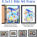 KINLINK 8.5x11 Kids Art Frames Set of 2, Solid Wood Kids Artwork Frames Changeable with Acrylic Front Opening Holds 150 Pictures, Art Frame for Kids Artwork with Mat or without Mat, Black Wood