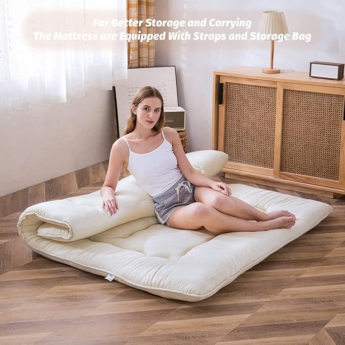 MAXYOYO Japanese Shiki Futon Mattress Floor Mattress Thicken Tatami Mat Sleeping Pad Roll Up Mattress Floor Lounger Bed Folding Couch Bed Mattress Pad for Guest Room, Off White, King