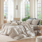 MooMee Bedding Duvet Cover Set 100% Washed Cotton Linen Like Textured Breathable Durable Soft Comfy (Solid Light Tan, Cal King 104"x98")
