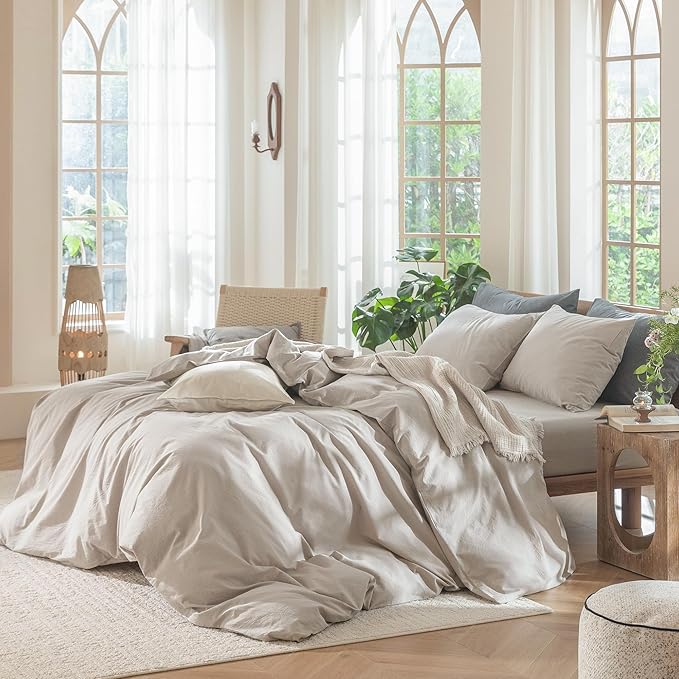 MooMee Bedding Duvet Cover Set 100% Washed Cotton Linen Like Textured Breathable Durable Soft Comfy (Solid Light Tan, Twin 68"x90")