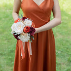 ponatia Burnt Orange Wedding Bouquets for Bride Bridesmaid, Artificial Burgundy Prom Flowers Bouquet for Weddins, Ceremony, Anniversary, 7 Inches