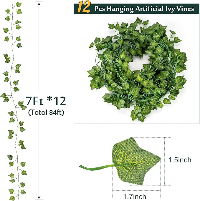 JACKYLED 84Ft 12 Pcs Artificial Ivy Garland Fake Vines with 65ft 200 LED String Lights and Remote Control Faux Hanging Leaves