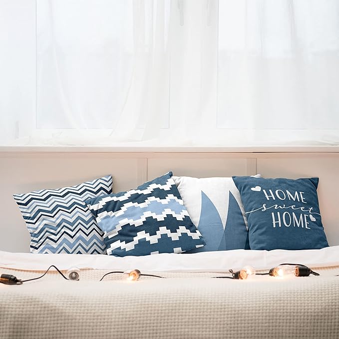 Ambesonne Modern Throw Pillow Cushion Case Pack of 4, Geometric Style Pattern of Triangles Zigzags Love Home Phrase Design, Modern Accent Double-Sided Digital Printing, 18", Petrol Blue and White
