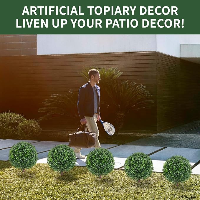 24.5" Artificial Boxwood Topiary Ball Tree with Ground Plugs [Set of 2] UV Protected Artificial Shrubs, Fake Evergreen Artificial Plants for Indoor and Outdoor Porch Garden