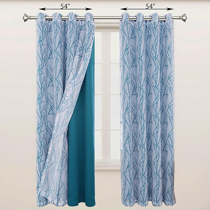 BONZER Mix and Match Curtains - 2 Pieces Branch Print Sheer Curtains and 2 Pieces Blackout Curtains for Bedroom Living Room Grommet Window Drapes, 54x95 Inch/Panel, Teal, Set of 4 Panels
