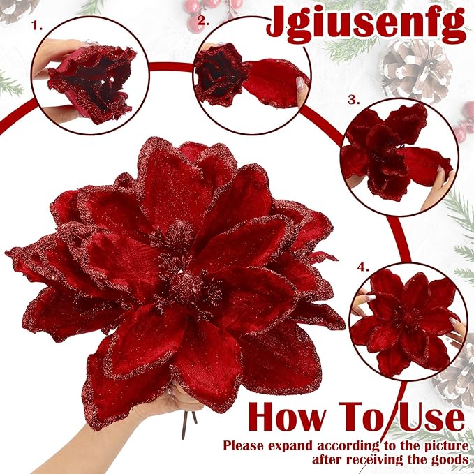 8 Pcs Large Christmas Flower Magnolia Flowers Christmas Tree Decoration Artificial Poinsettia Stems Velvet Xmas Ornaments for Xmas Tree Table Decor(Burgundy,12 Inch)