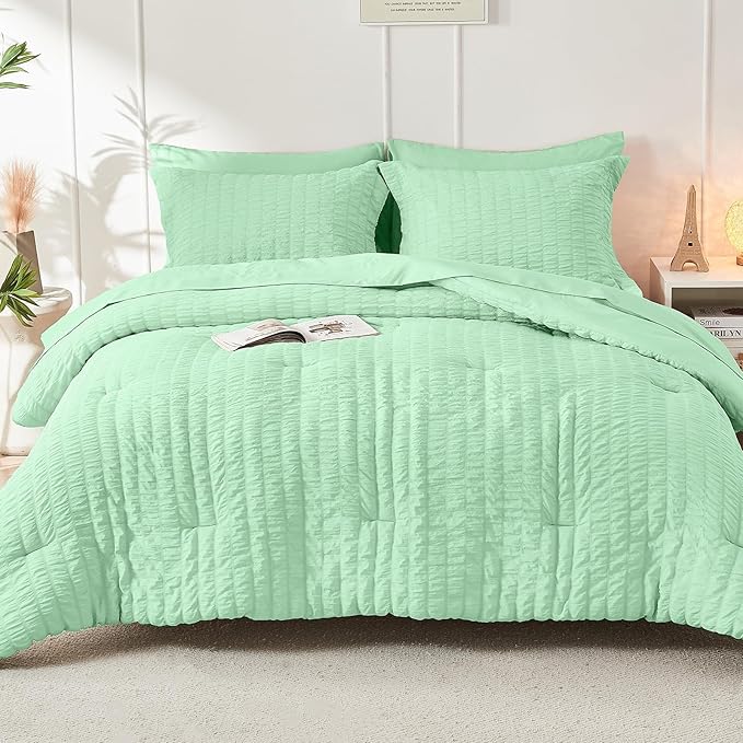 HYMOKEGE Mint Green King Size Comforter Set Seersucker 7 Pieces, All Season Luxury Bed in a Bag for Bedroom, Bedding Set with Comforter, Sheets, Pillowcases & Shams