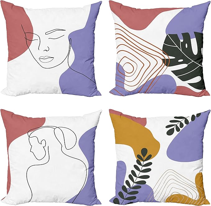 Ambesonne Minimal Throw Pillow Cushion Case Pack of 4, Modern Line Art Woman Portrait Contemporary Leafy Geometric Details, Modern Accent Double-Sided Digital Printing, 24", Lavender Amber Pale Rust