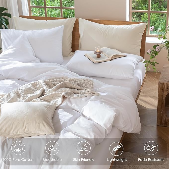 MooMee Bedding Duvet Cover Set 100% Washed Cotton Linen Like Textured Breathable Durable Soft Comfy (Solid Bright White, Oversized Full 82"x86")