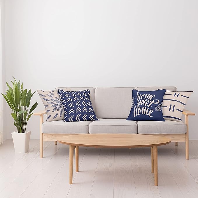 Ambesonne Modern Throw Pillow Cushion Case Pack of 4, Scandinavian Minimal Ornaments Boho Feather Leaves and Home Phrase Print, Modern Accent Double-Sided Digital Printing, 18", Pale Tan and Indigo