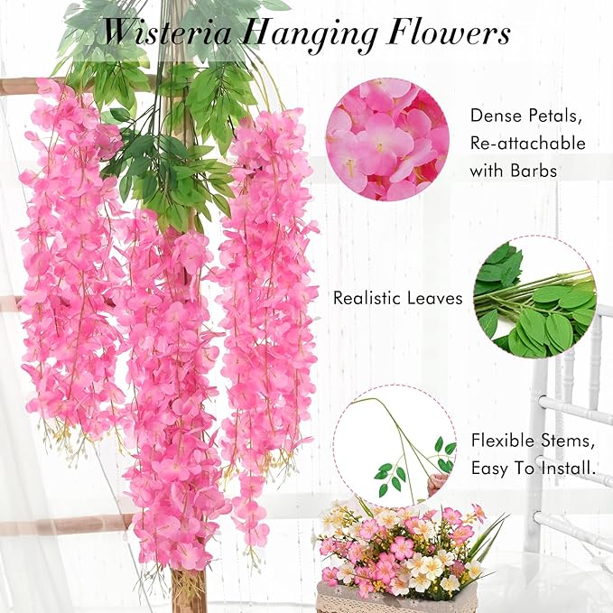 40 Pack Wisteria Hanging Flowers,Hanging Flowers,Fake Wisteria, Hanging Flowers for Decoration,Artificial Flowers,Vines for Bedroom, Wisteria for Wedding Decorations for Home Party(3.6 Ft/Pcs, Pink)