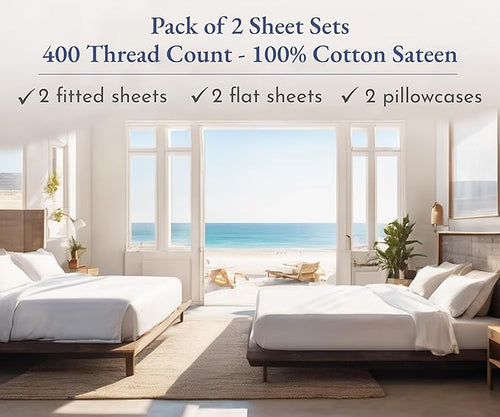 2-Pack Twin XL Sheet Set Cotton - 400 Thread Count 100% Cotton Sateen - Extra Soft, Breathable & Cooling Sheets, Wrinkle Resistant twin XL Sheet Sets, 2 Sets of Deep Pocket Bed Sheets - Light Grey