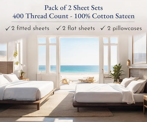 2-Pack Twin XL Sheet Set - 400 Thread Count Sateen 100% Cotton Twin XL Sheet Sets - Soft, Breathable & Cooling Sheets, Wrinkle Resistant, 2 Sets of Deep Pocket Bed Sheets - Ivory (Pale Tone)