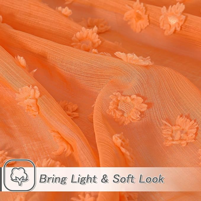 MYSKY HOME Orange Sheer Short Curtains with Pom Pom for Small Windows Bedroom Nursery Kids Girls Room Curtains Cafe Kitchen Light Filtering Boho Drapes, Rod Pocket,38 x 45 Inches, 2 Panels