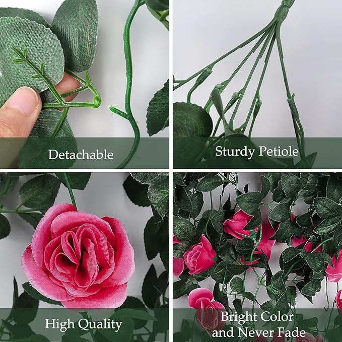 RECUTMS Artificial Rose 4Packs Fake Hanging Flower Faux Ivy Vine Plants for Home Window Garden Office Patio Planter Pathway Front Porch (Rose Red)