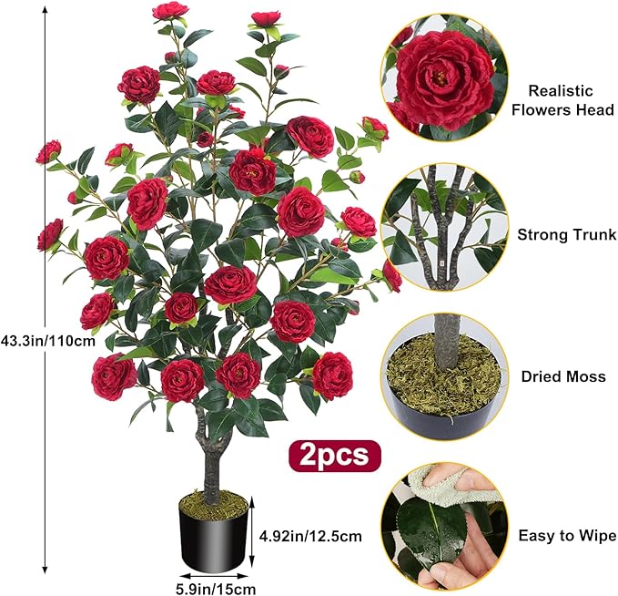 3.6FT Artificial Camellia Fake Tree, Artificial Plants & Flowers with 32 Red Flowers for Door Front Decoration Porch Patio Living Room Office Indoor Outdoor Decor (2PCS Contains Dried Moss)