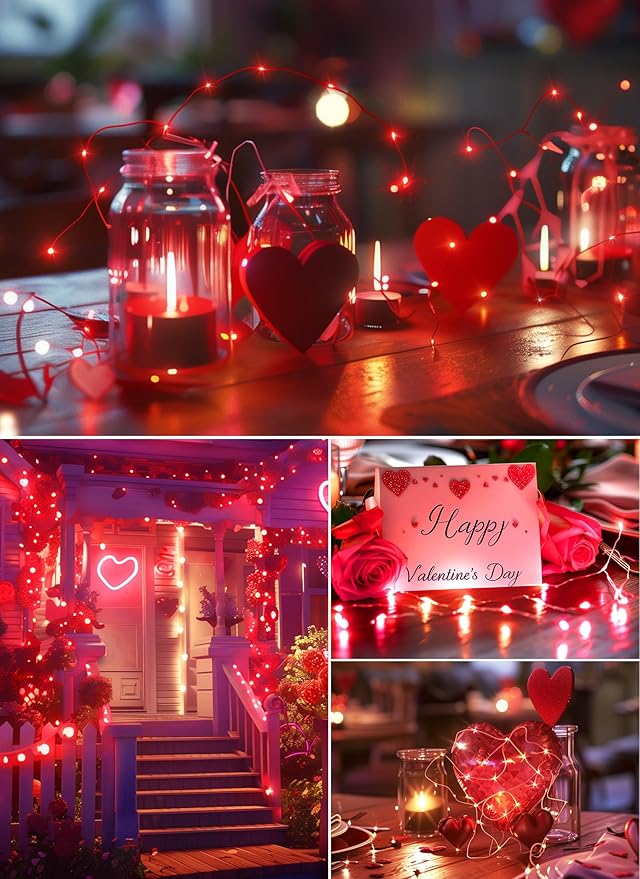 33Ft 100 LED Outdoor String Lights, Red Fairy Lights Battery Operated with Remote, Waterproof Twinkle Lights for Bedroom Dorm Patio Tapestry Backyard Garden Party Indoor Valentine's Day Decoration
