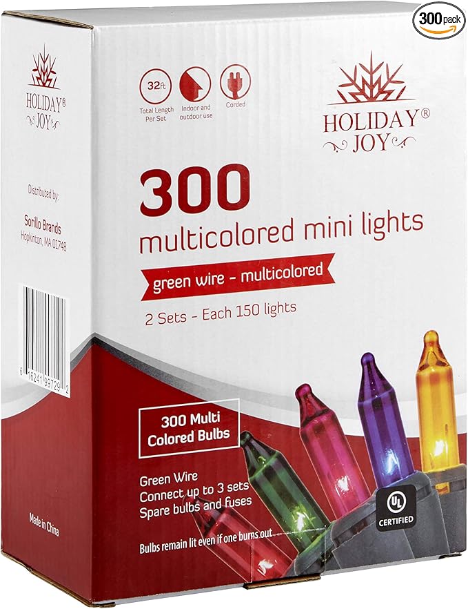 Holiday Joy Christmas Lights for Tree - 300 Count, Multicolor, Mini String Lights with Green Wire for Outdoor and Indoor Decorations﻿