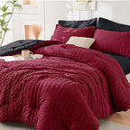 HYMOKEGE Red & Black California King Comforter Set Seersucker 7 Pieces, All Season Luxury Bed in a Bag for Bedroom, Bedding Set with Comforters, Sheets, Pillowcases & Shams