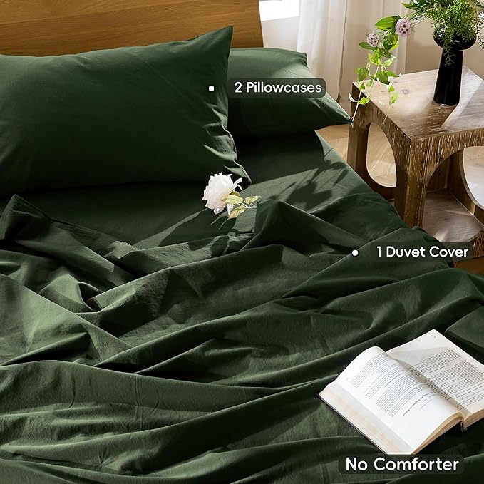 MooMee Bedding Duvet Cover Set 100% Washed Cotton Linen Like Textured Breathable Durable Soft Comfy (Solid Forest Green, Cal King 104"x98")