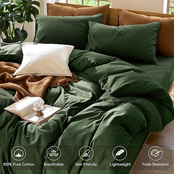 MooMee Bedding Duvet Cover Set 100% Washed Cotton Linen Like Textured Breathable Durable Soft Comfy (Solid Forest Green, Super Queen 90"x98")