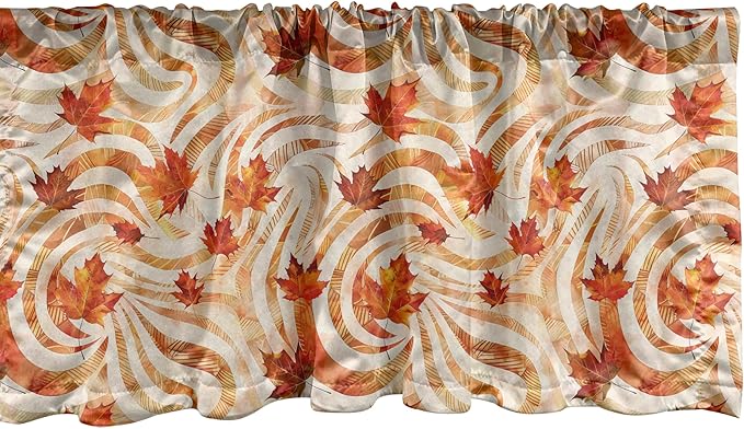 Ambesonne Fall Window Valance Pack of 2, Autumnal Theme with Swirly Intricate Shapes and Flying Leaves Print, Rod Pocket Curtain Valances for Kitchen Bedroom, 54" X 18", Ginger Marigold and Beige