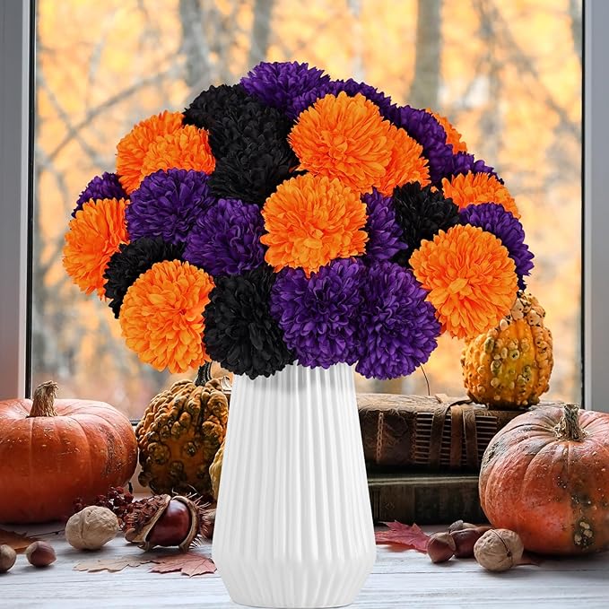 36 Pcs Halloween Artificial Flowers Halloween Chrysanthemums Ball Silk Flowers Black Orange Purple Fake Hydrangea for Halloween Party Home Table Centerpieces Vase Decor