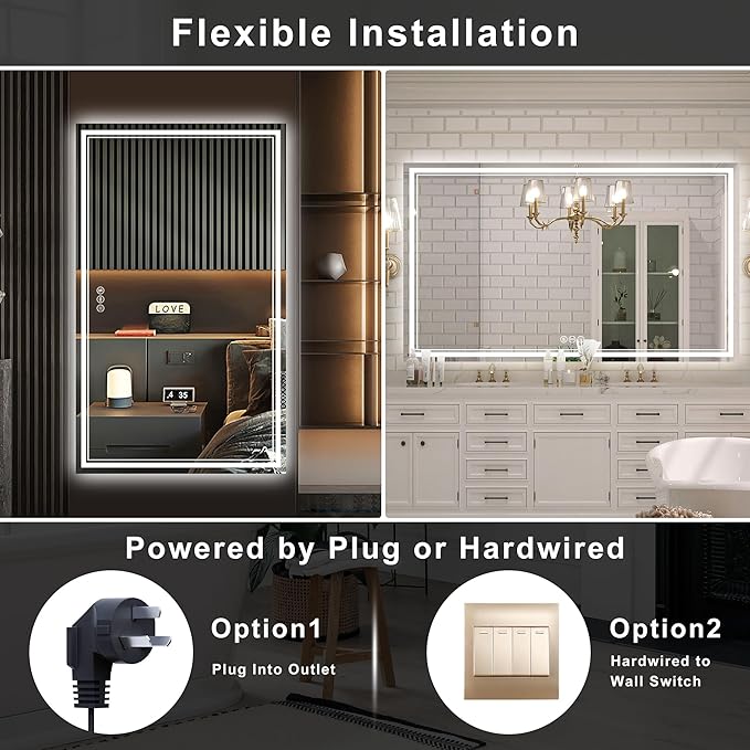 40‘’x30'' Lighted Mirrors for Bathroom Wall Backlit + Front Lit, Rectangular LED Bathroom Mirror Frameless with Lights Anti Fog, Dimmable, 3 Colors,Tempered Glass, Shatter-Proof