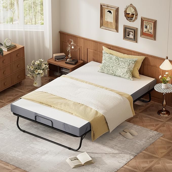 Karcog Folding Bed with Mattress, Storage Cover Included, 46 Inch Extra Rollaway Guest Bed for Adults, with Memory Foam Mattress and Sturdy Metal Frame on Wheels, 75" x 46"