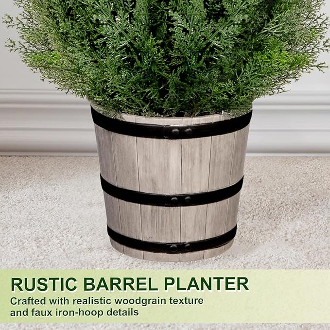 3FT Artificial Cedar Topiary Trees with Rustic Barrel Planter, Outdoor Indoor Realistic Faux Pine Shrubs Plants, Fake Cypress Trees for Home Offices Porch Decor, Set of 2