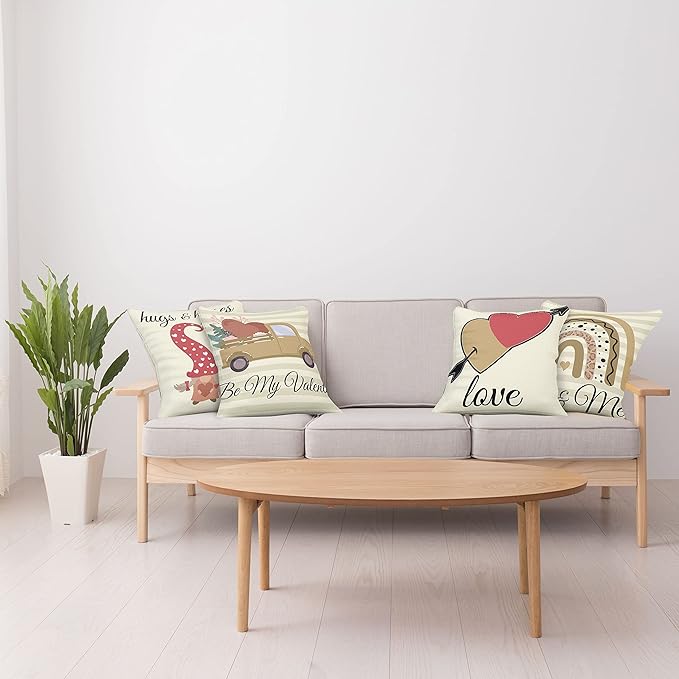 Ambesonne Romantic Throw Pillow Cushion Case Pack of 4, Love Hearts Arrow You and Me Be My Valentine Hugs Kisses Lettering, Modern Accent Double-Sided Digital Printing, 20", Ivory Camel and Dark Pink
