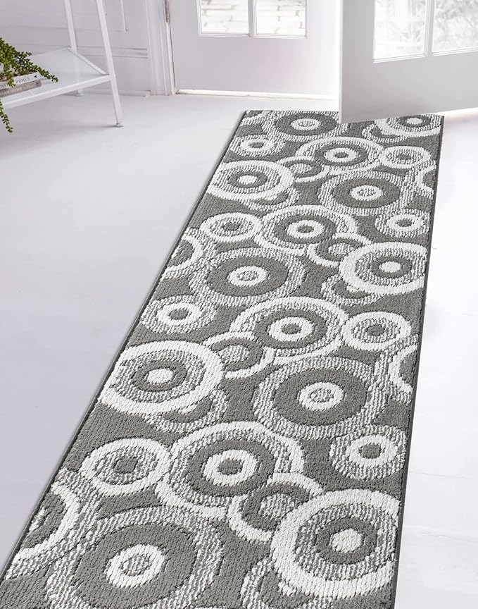 Custom Length Cut to Size Retro Modern Geometric Carpet Runner Rug for Hallways, Non Slip Rubber Backed, 31 inch Wide X Customized Length, Geo Grey, 31 inch X 23 feet