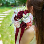 ponatia Burgundy Wedding Bouquets for Bride Bridesmaid, Blush Artificial Prom Flowers Bouquet for Weddings, Ceremony, Anniversary (Burgundy & Blush)
