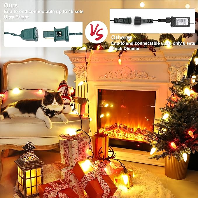 Brizled Outdoor Christmas Lights, 16FT 25 LED Red & Warm White C9 Christmas Lights, Connectable Xmas Tree Light, UL Certified Indoor Light String Waterproof for Outside House Roof Tree Party Decor