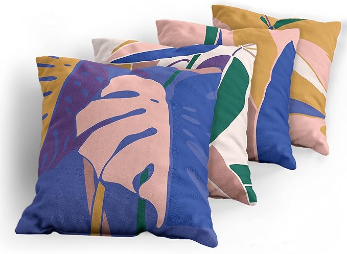 Ambesonne Exotic Throw Pillow Cushion Case Pack of 4, Tropical Themed Leaves Branches Monstera Plant Summer Vibes Pastel, Modern Accent Double-Sided Digital Printing, 16", Peach Blue Violet Mustard