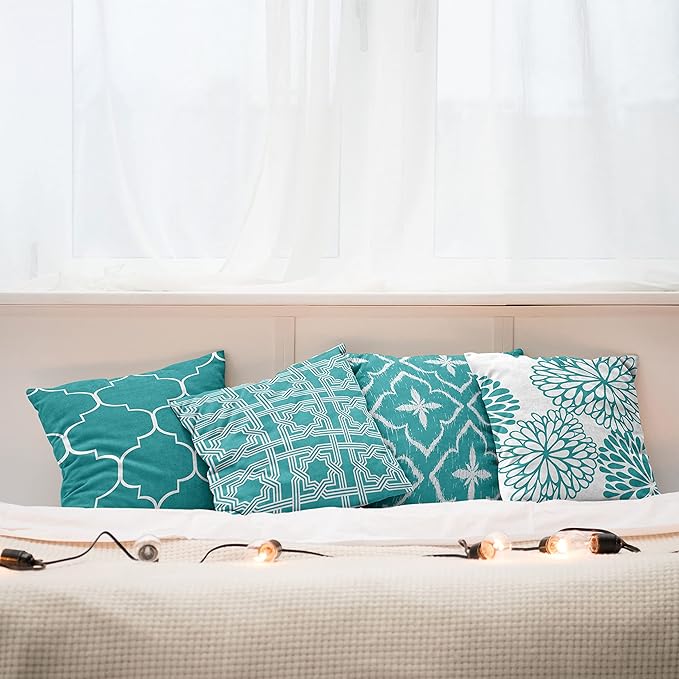 Ambesonne Vintage Throw Pillow Cushion Case Pack of 4, Monochrome Design Grid Trellis Quatrefoil Mesh and Dahlia Flowers Modern Print, Modern Accent Double-Sided Digital Printing, 24", Teal and White
