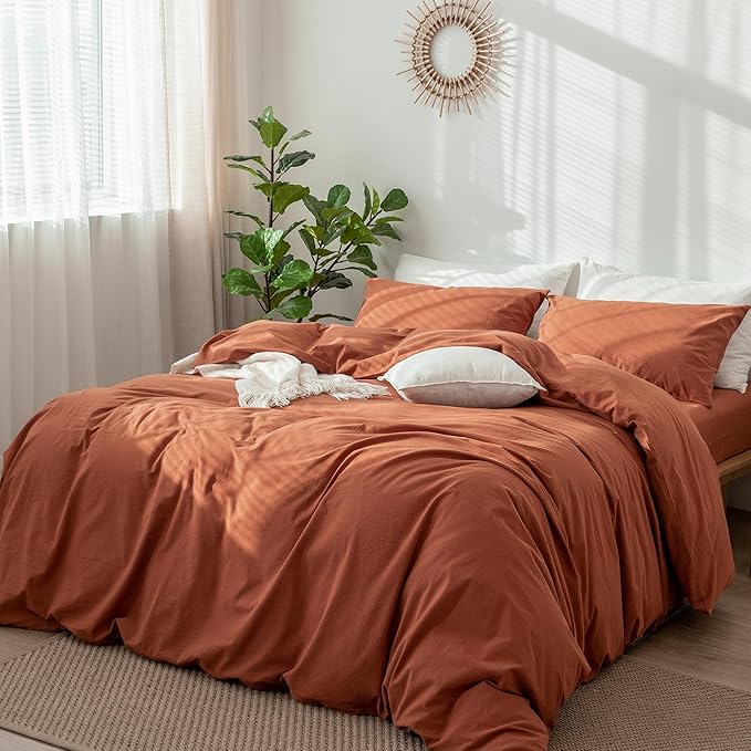MooMee Bedding Duvet Cover Set 100% Washed Cotton Linen Like Textured Breathable Durable Soft Comfy (Solid Rust Brown, Full 80"x90")