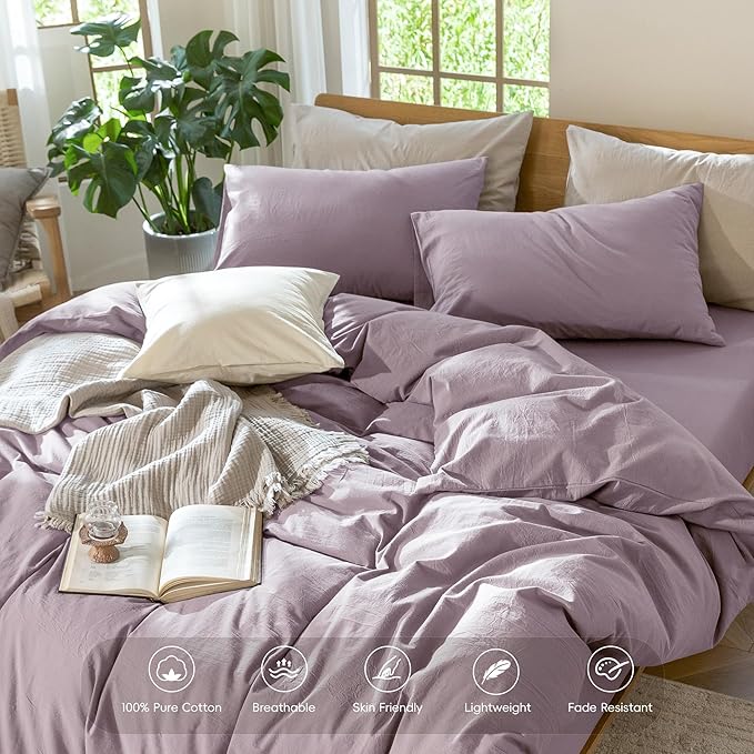 MooMee Bedding Duvet Cover Set 100% Washed Cotton Linen Like Textured Breathable Durable Soft Comfy (Solid Taro Purple, Twin 68"x90")