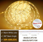 OMIKA 50ft 600 LEDs Solar Rope Lights, USB Charging, 20 Lighting Modes, Dimmable Timer Remote Control, IP68 Waterproof for Outdoor Trees, Parties, Gardens, Weddings, Christmas Decorations
