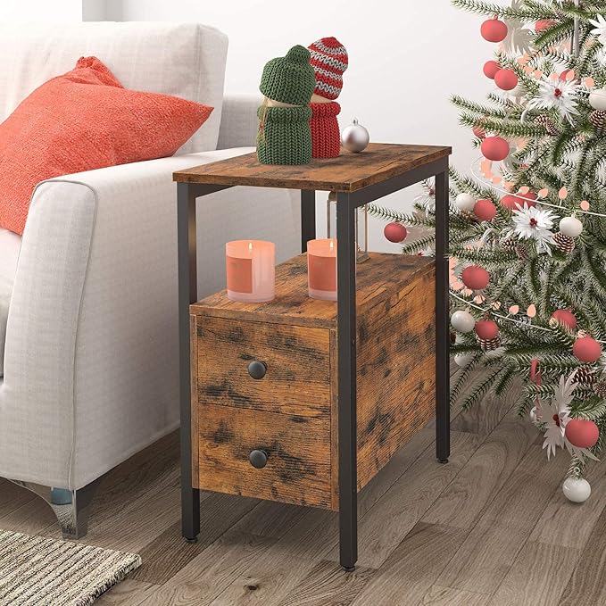 HOOBRO End Table, Narrow Chairside Table with Drawer and Open Storage Shelf, Nightstand for Small Spaces, Stable and Sturdy Construction, Wood Look Accent Furniture, Rustic Brown and Black BF548BZ01G2
