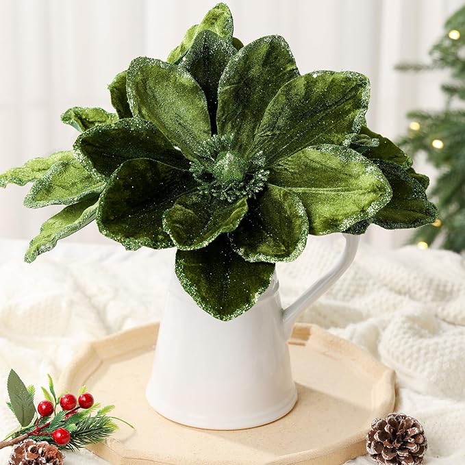 8 Pcs Large Christmas Flower Magnolia Flowers Christmas Tree Decoration Artificial Poinsettia Stems Velvet Xmas Ornaments for Xmas Tree Table Decor (Forest Green,12 Inch)