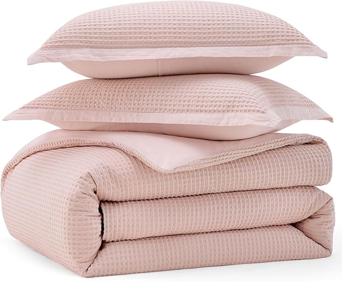 Bedsure Cotton Duvet Cover Queen - 100% Cotton Waffle Weave Pink Duvet Cover Queen Size, GentleSoft™ and Breathable Bedding Set for All Season, 3 Pieces, 90"x90"