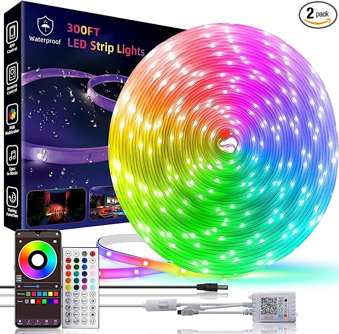 300ft Outdoor Led Strip Lights Waterproof, Trimmable Led Strip Lights Music Sync, RGB IP65 Waterproof Outside Led Lights Strip With Remote & App, Exterior Led Rope Light Waterproof For Pool Roof Yard