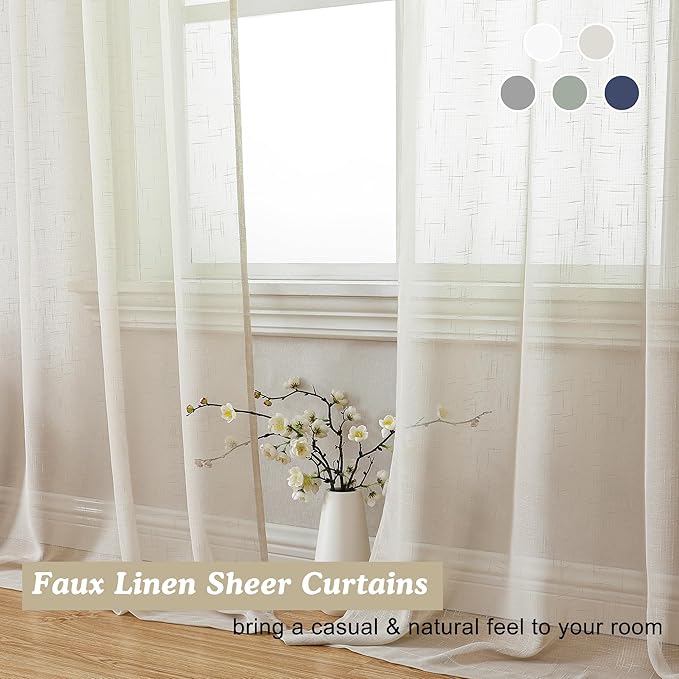 Aiyufeng Kirei Natural Extra Long Linen Sheer Curtains 96 inches Long, Light Filtering Semi Sheers Curtains/Farmhouse Window Treatments Panels/Drapes, Privacy Assured, 2 Panels