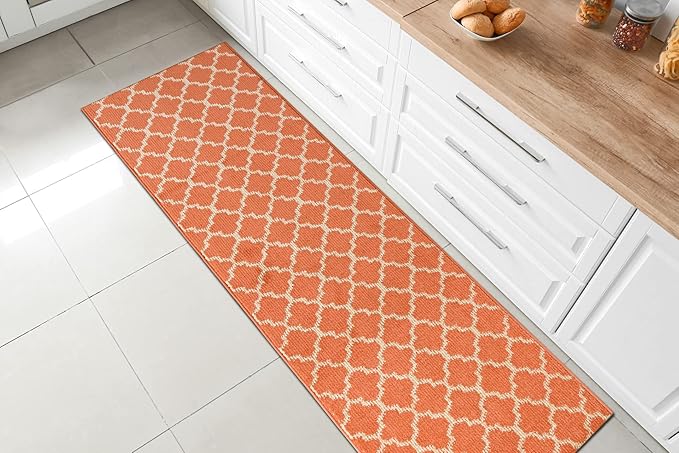 Custom Size Moroccan Trellis Runner Rug Mat for Wide Hallway Entryway Kitchen Laundry Room with Slip Resistant Latex Rubber Backing, Trellis Orange, 31 inch X 15 feet