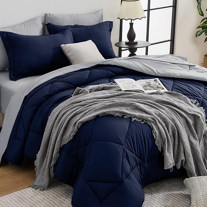 HEVUMYI King Comforter Set - 7-Piece All Season Bed in a Bag King, Ultra Soft Bedding Set with Comforter, Flat Sheet, Fitted Sheet, Pillowcases, Pillow Shams, Navy Blue & Light Grey