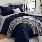 HEVUMYI King Comforter Set - 7-Piece All Season Bed in a Bag King, Ultra Soft Bedding Set with Comforter, Flat Sheet, Fitted Sheet, Pillowcases, Pillow Shams, Navy Blue & Light Grey