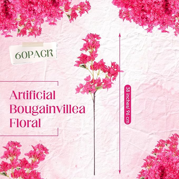 60 Pack Artificial Bougainvillea Floral 38" Silk Long Stem Bougainvillea Plants Hanging Table Centerpiece for Home Wedding Indoor Outdoor Decorations (Rose Red)