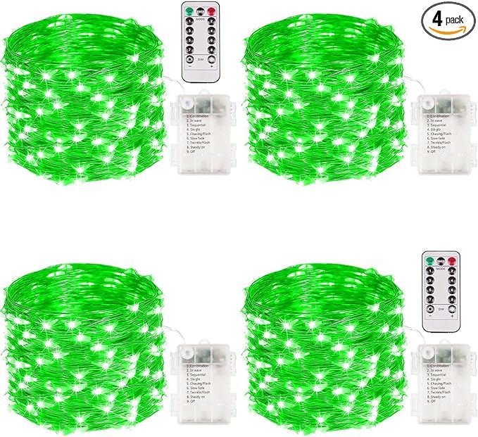 4 Pack 100 LED Fairy Lights Battery Operated with Remote, 33FT Waterproof Twinkle Lights with Timer & 8 Modes, Fairy String Lights Outdoor Indoor for Bedroom St Patrick's Day Decor (Green)
