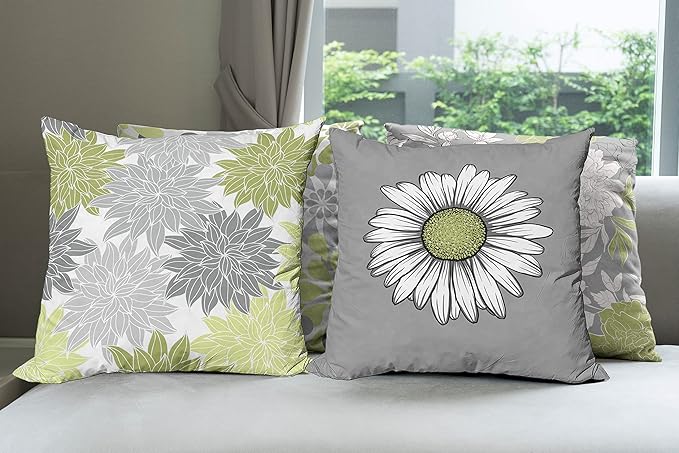 Ambesonne Floral Throw Pillow Cushion Case Pack of 4, Flower Petals Color Palette Chamomile Peony Dahlia and Sunflower, Accent Double-Sided Digital Printing, 18", Grey Pastel Green